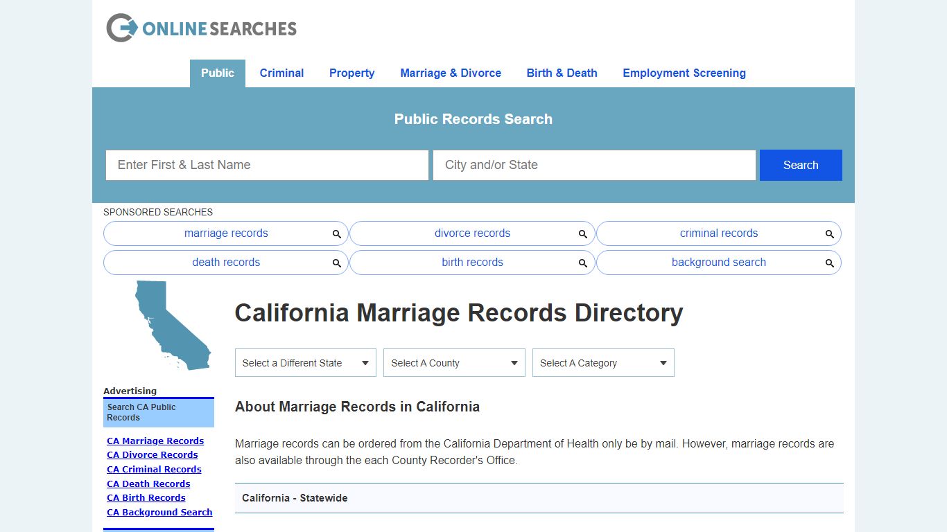 California Marriage Records Search Directory - OnlineSearches.com